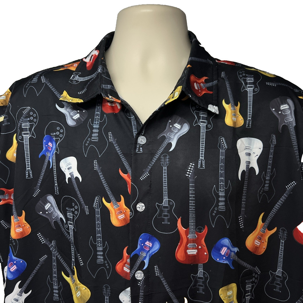 All Over Graphic Guitars Black Button Up Shirt Mens XL Soft Relaxed Stretch - Picture 4 of 7